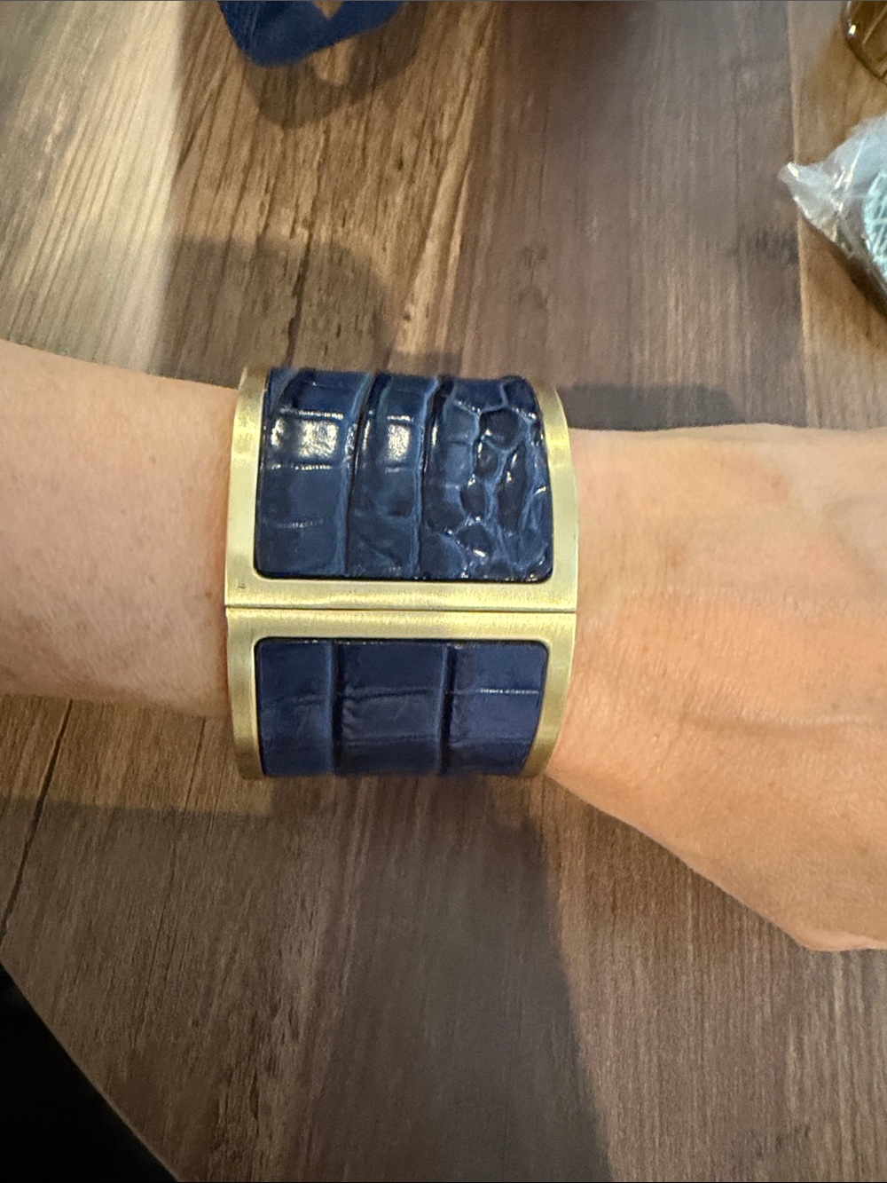 Brahmin Wide Navy Croc-Embossed Leather Cuff with Gold-Tone Trim - Picture 3 of 3
